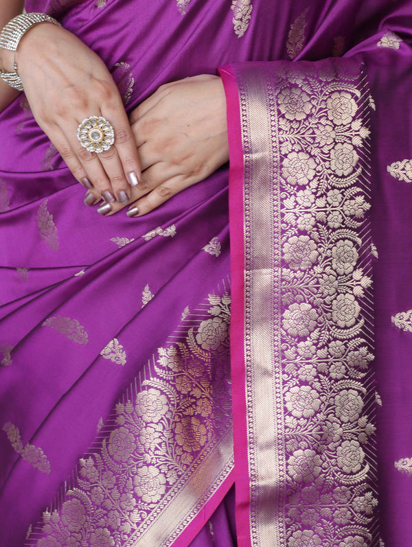 Banarasee Handloom Semi Silk Saree With Silver Zari Floral Design & Border-Violet