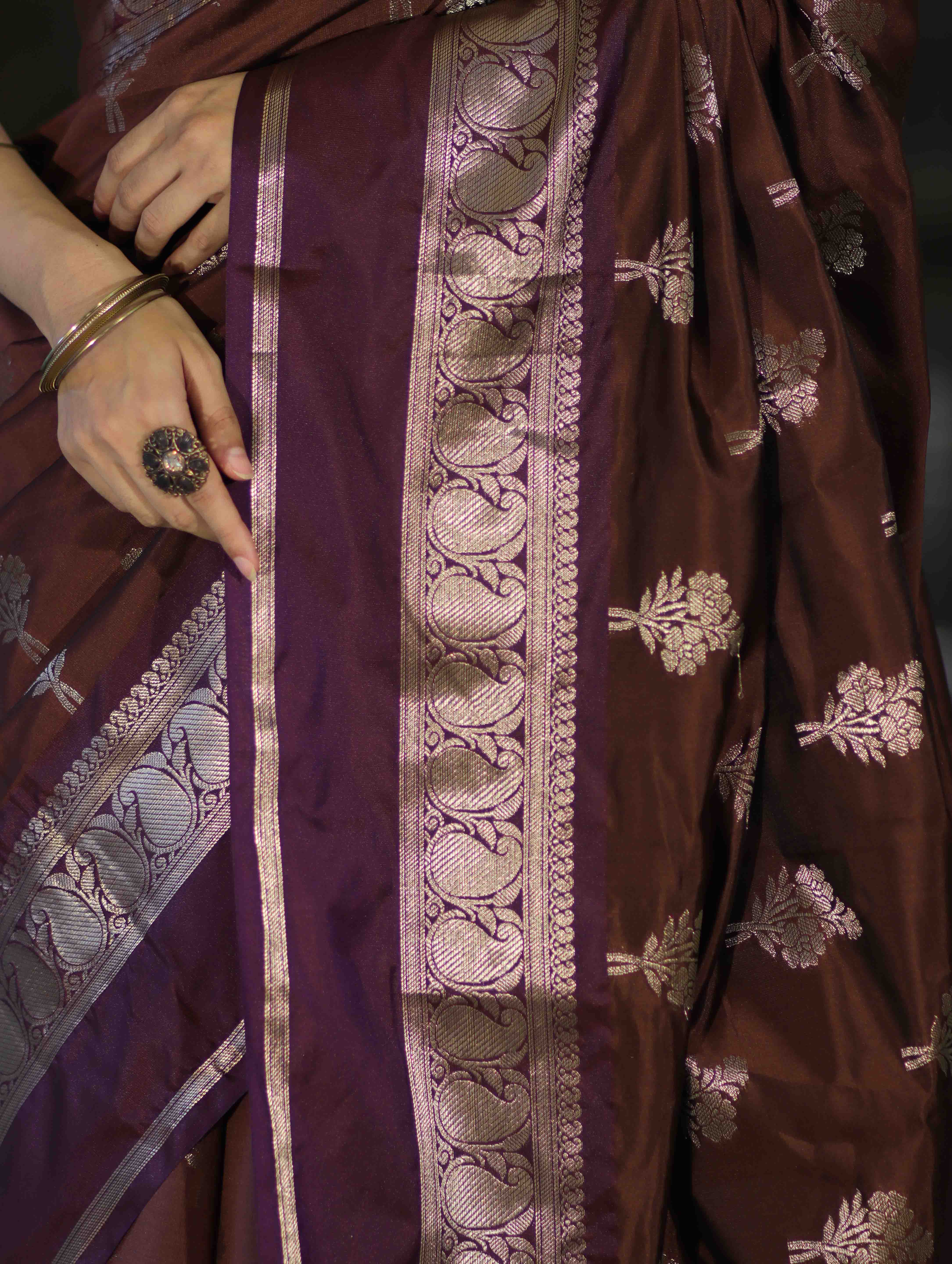 Banarasee Handloom Semi Silk Saree With Zari Buta Work Contrast Border-Brown