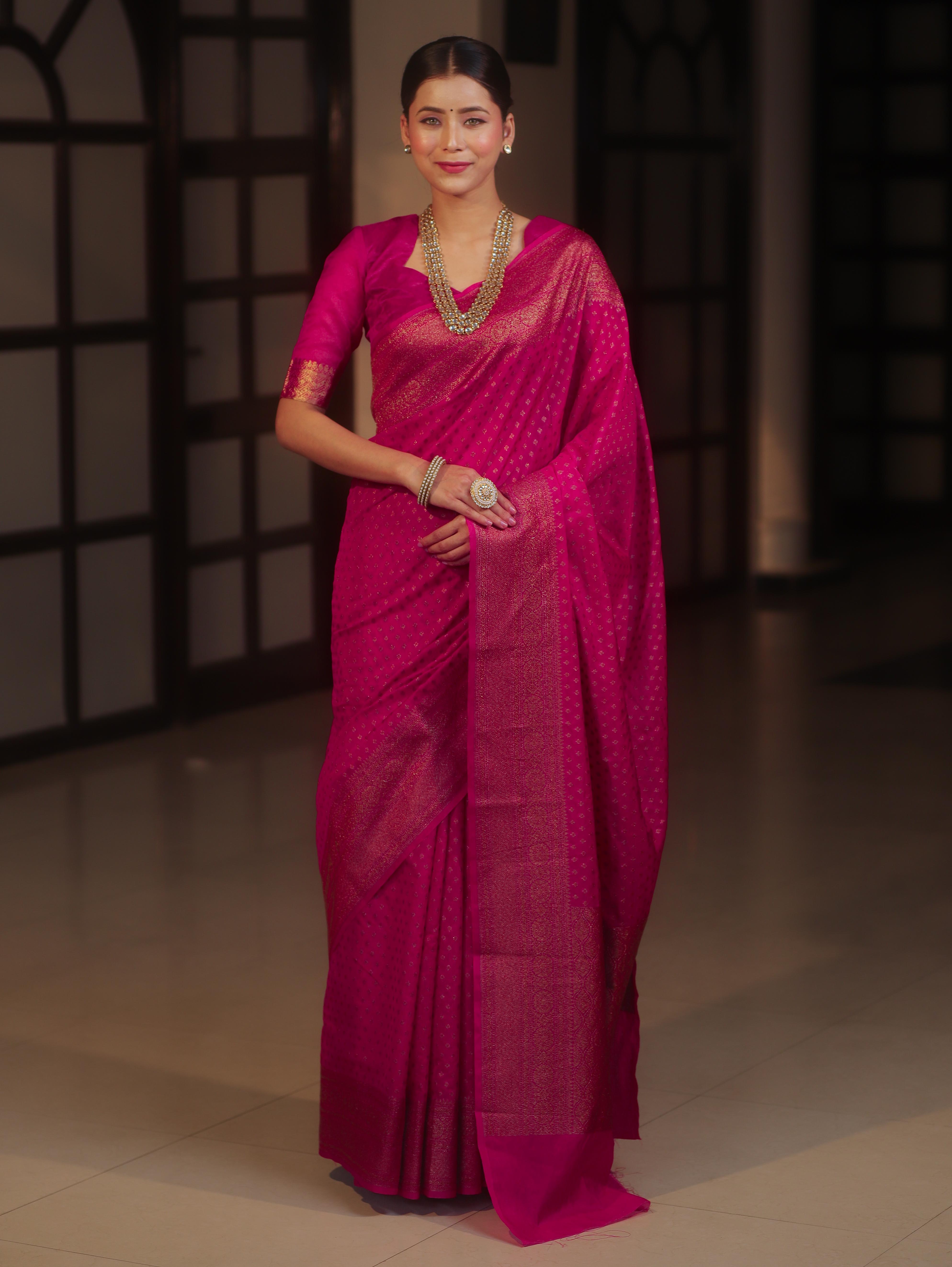 Banarasee Semi Chiffon Saree With Zari Buti & Border-Rani Pink