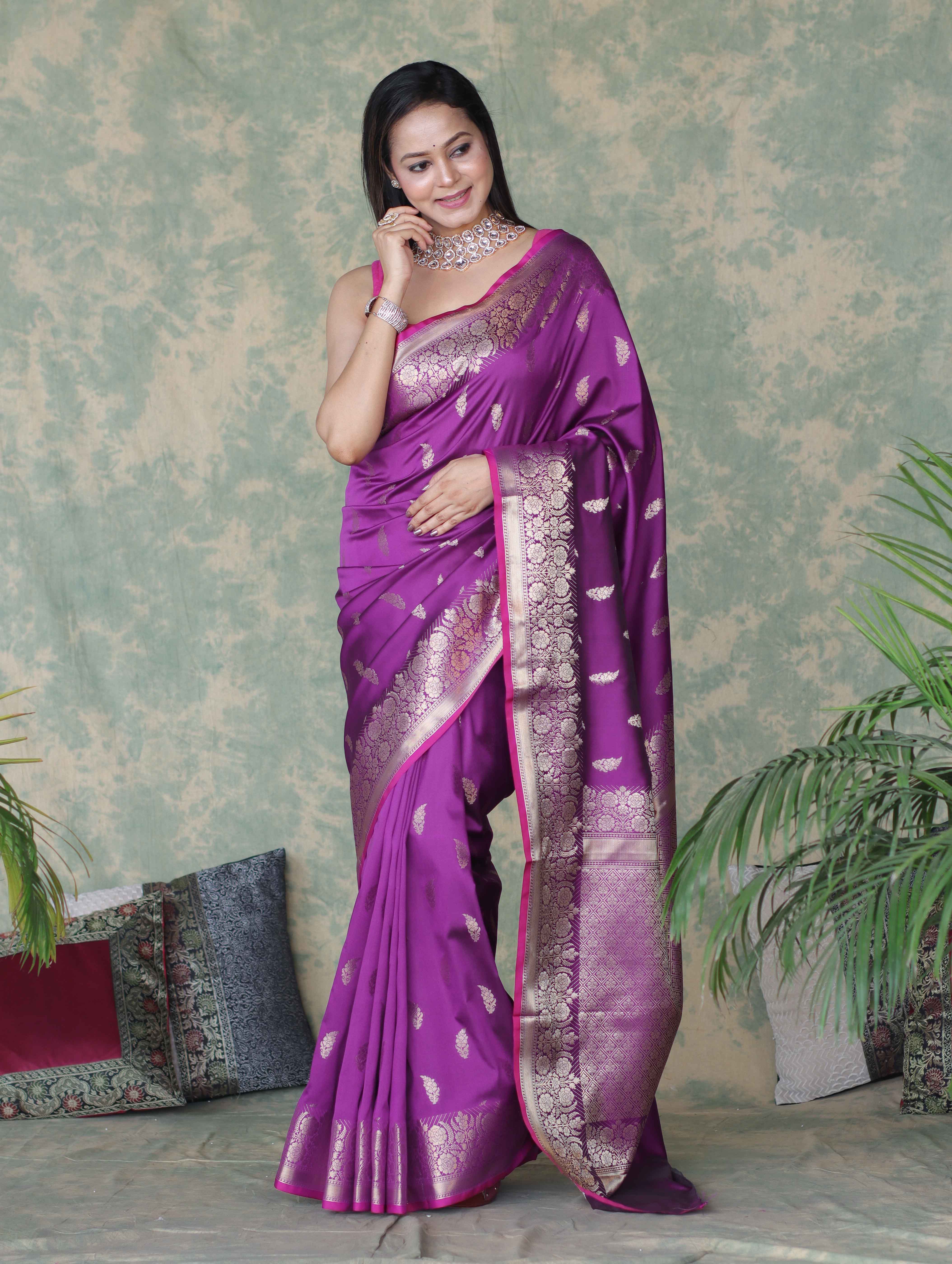 Banarasee Handloom Semi Silk Saree With Silver Zari Floral Design & Border-Violet