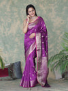 Banarasee Handloom Semi Silk Saree With Silver Zari Floral Design & Border-Violet