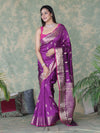 Banarasee Handloom Semi Silk Saree With Silver Zari Floral Design & Border-Violet