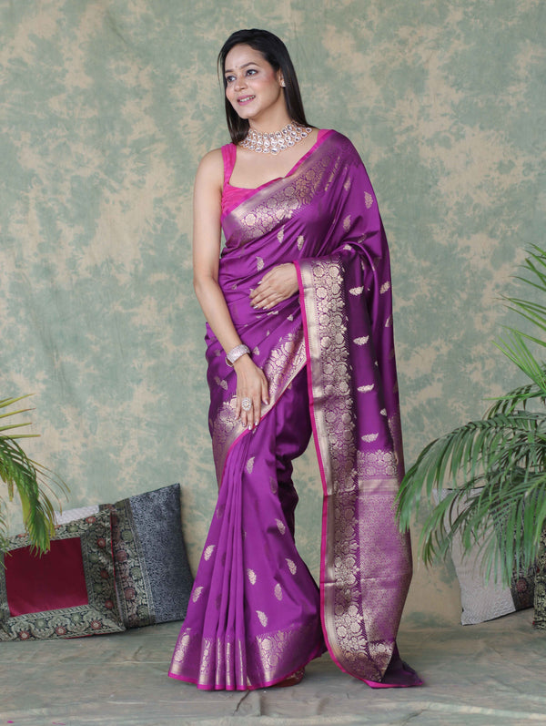 Banarasee Handloom Semi Silk Saree With Silver Zari Floral Design & Border-Violet