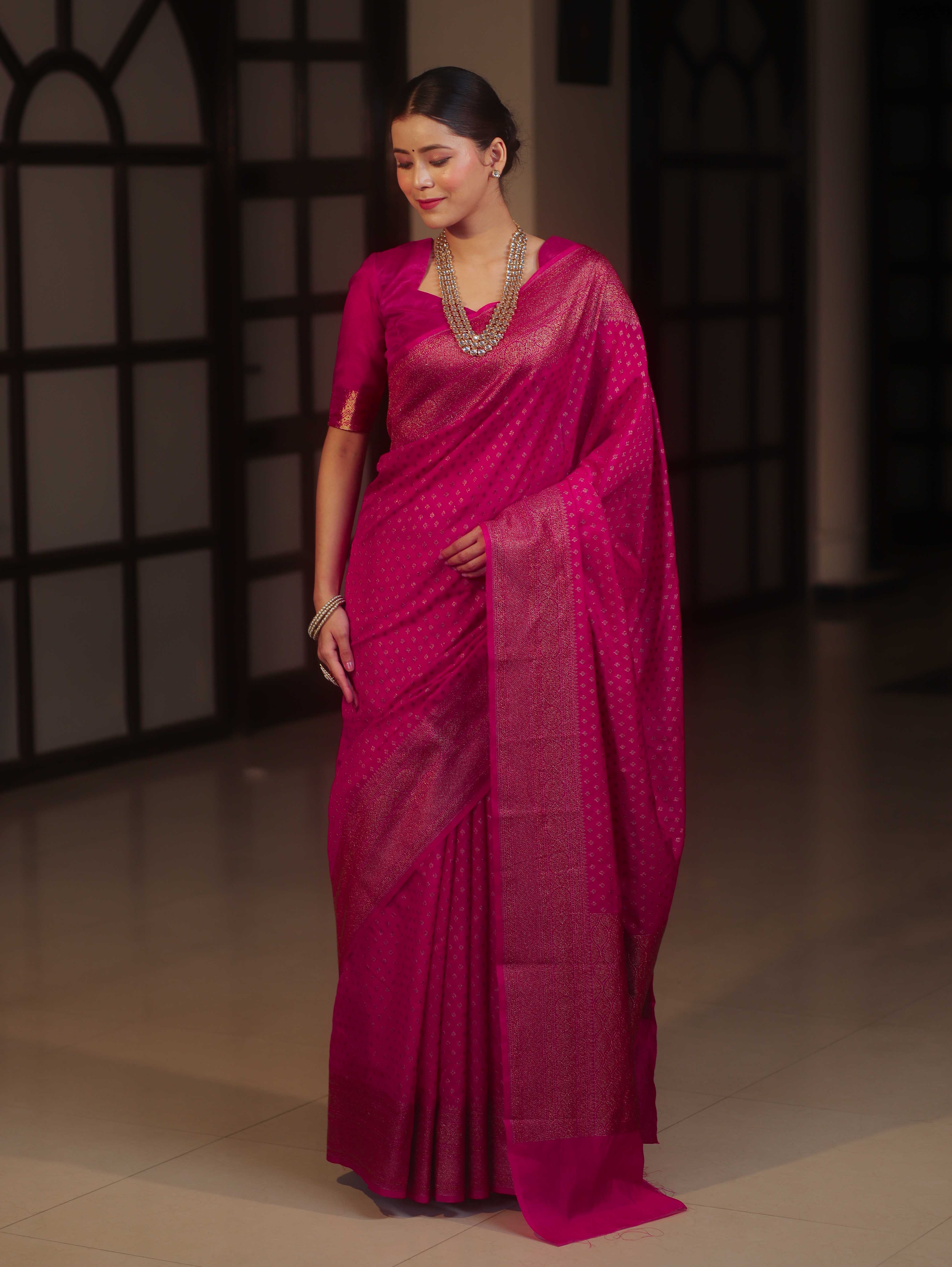 Banarasee Semi Chiffon Saree With Zari Buti & Border-Rani Pink