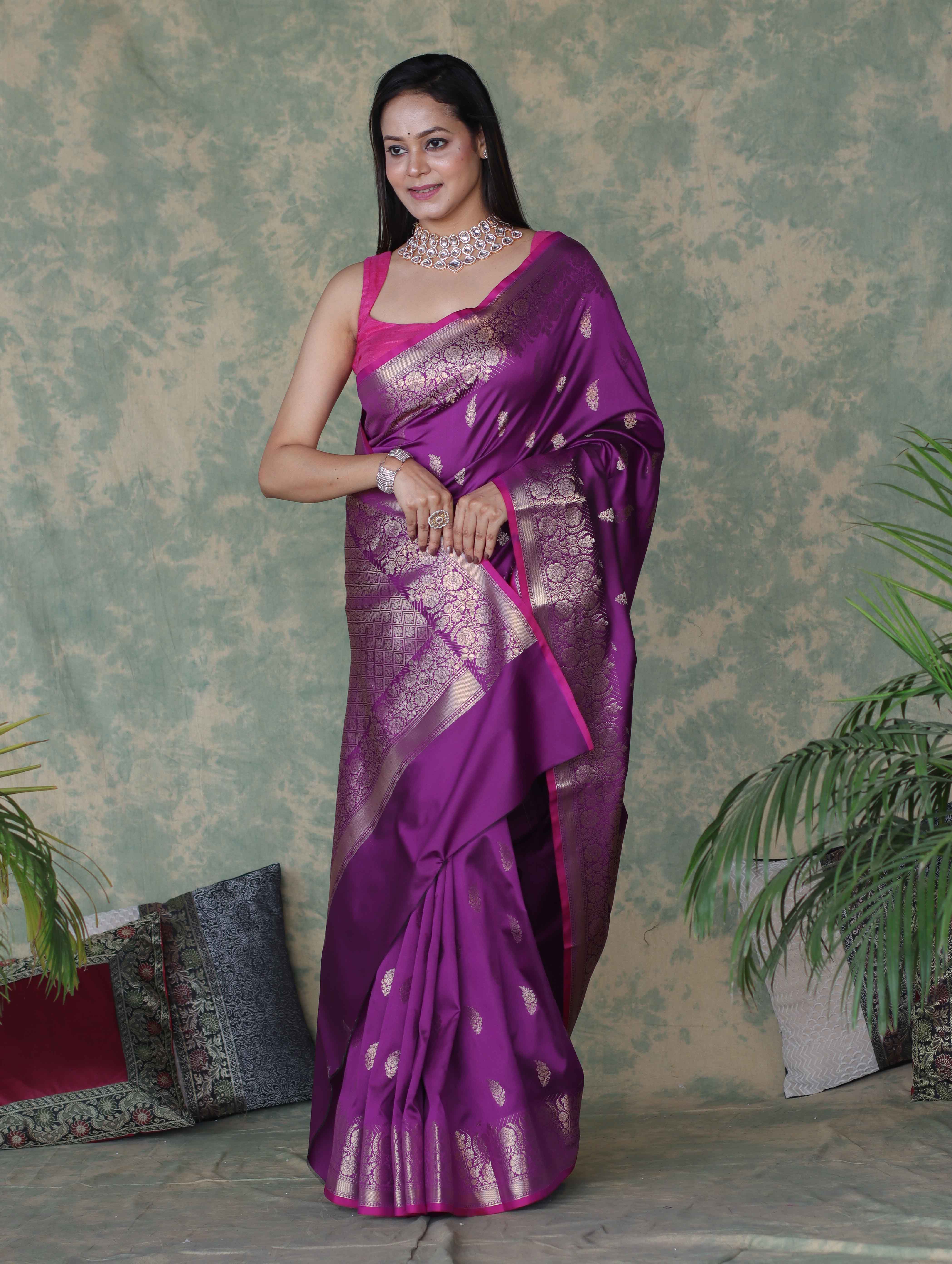 Banarasee Handloom Semi Silk Saree With Silver Zari Floral Design & Border-Violet