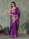 Banarasee Handloom Semi Silk Saree With Silver Zari Floral Design & Border-Violet