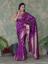 Banarasee Handloom Semi Silk Saree With Silver Zari Floral Design & Border-Violet