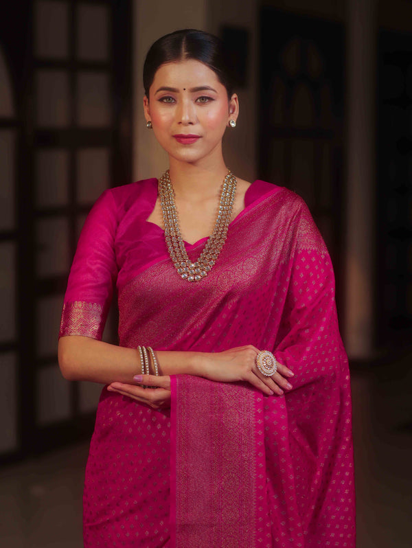 Banarasee Semi Chiffon Saree With Zari Buti & Border-Rani Pink