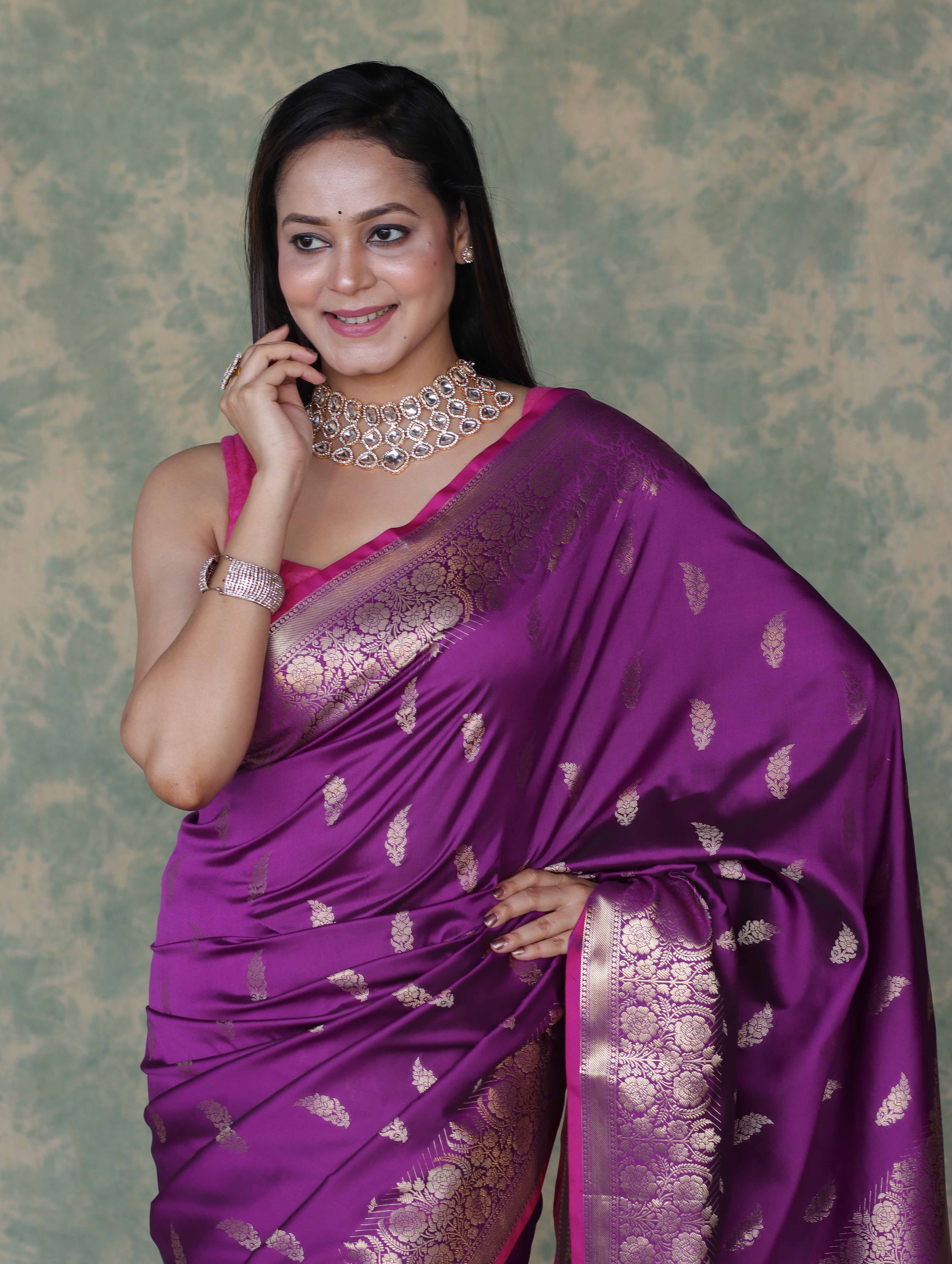 Banarasee Handloom Semi Silk Saree With Silver Zari Floral Design & Border-Violet