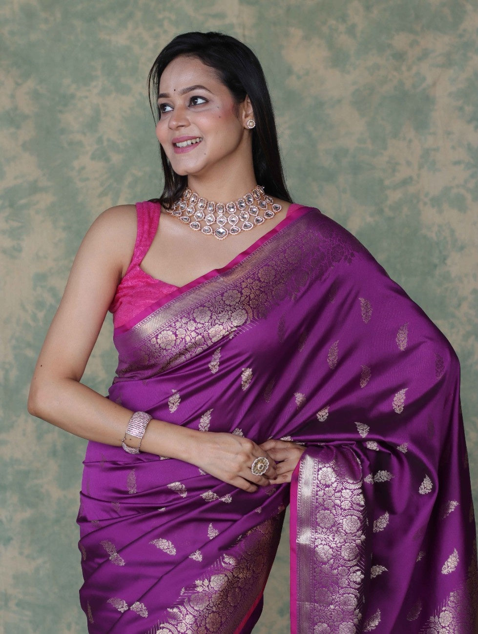 Banarasee Handloom Semi Silk Saree With Silver Zari Floral Design & Border-Violet