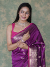 Banarasee Handloom Semi Silk Saree With Silver Zari Floral Design & Border-Violet