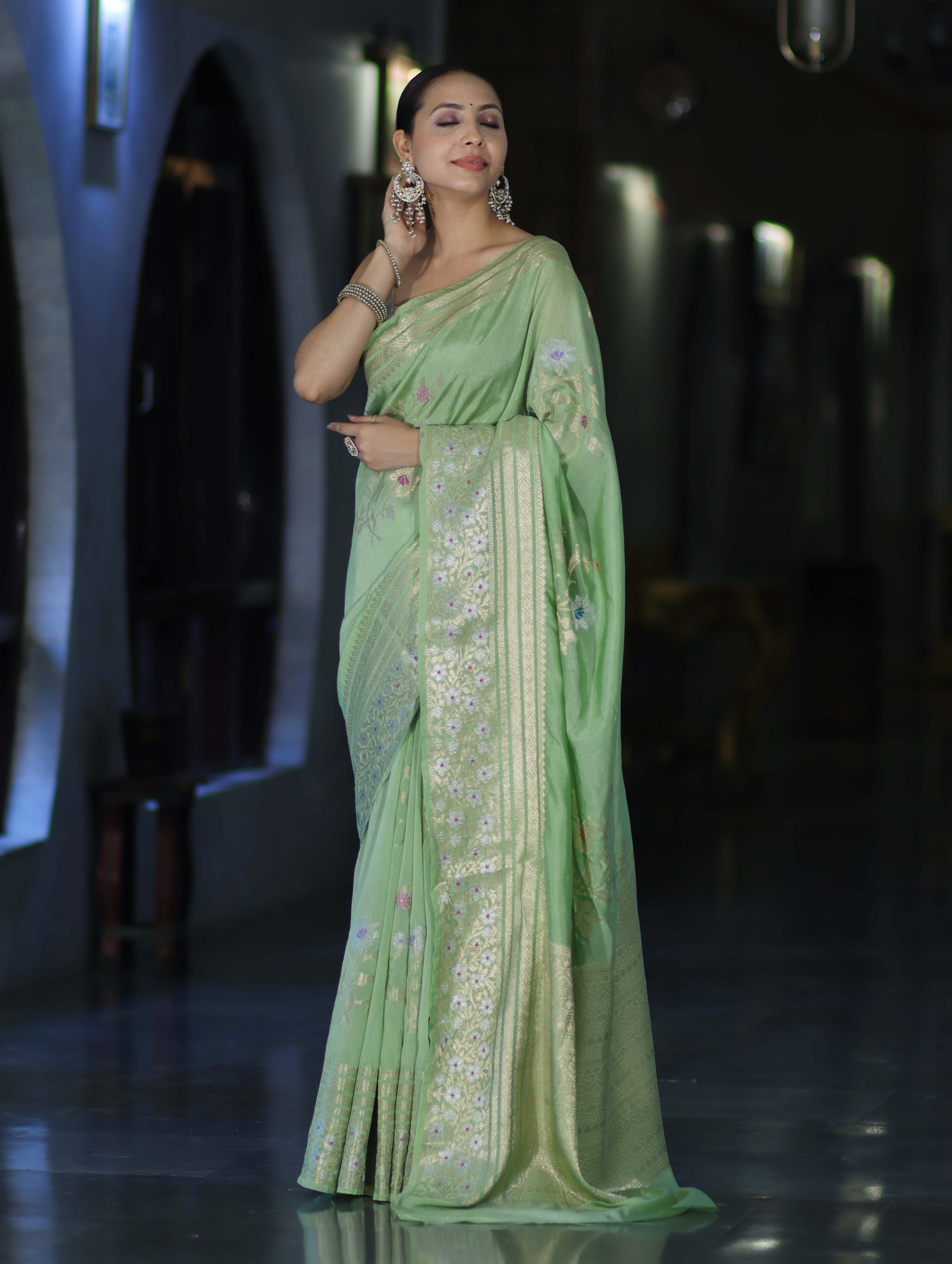 Banarasee Handloom Semi Silk Saree With Zari Meena Work-Light Green