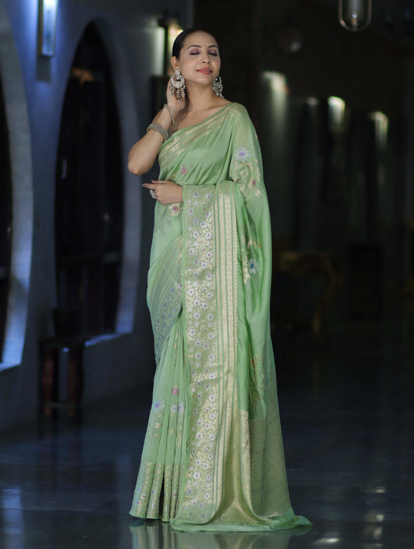 Banarasee Handloom Semi Silk Saree With Zari Meena Work-Light Green
