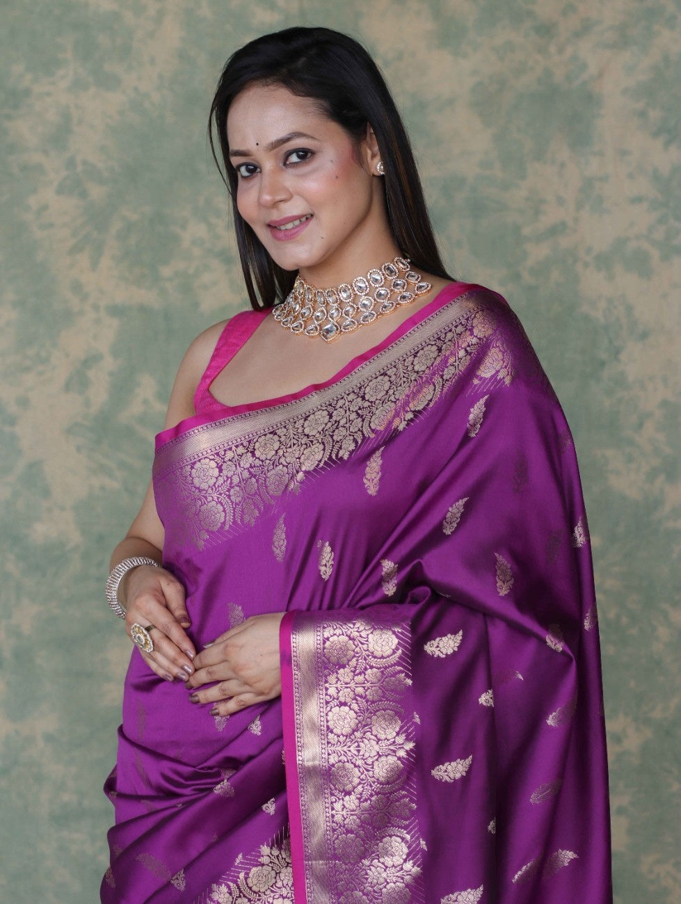 Banarasee Handloom Semi Silk Saree With Silver Zari Floral Design & Border-Violet