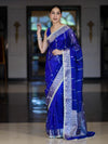 Banarasee Handloom Tissue Saree With Hand Embroidered Mirror Work Pearl Motifs & Zari Woven Pallu-Royal Blue