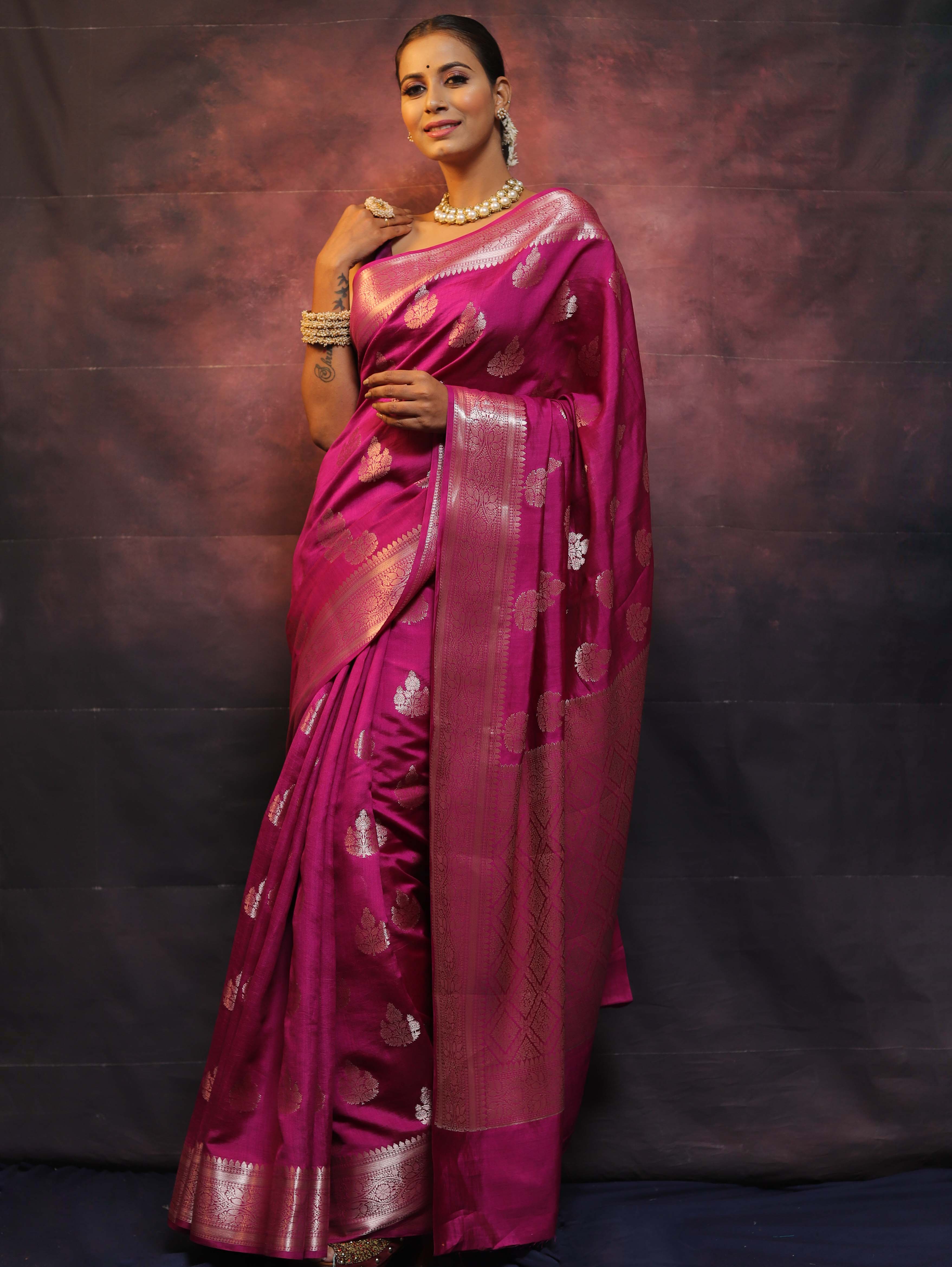 Banarasee Handloom Pure Chiniya Silk Saree With Zari Work-Magenta