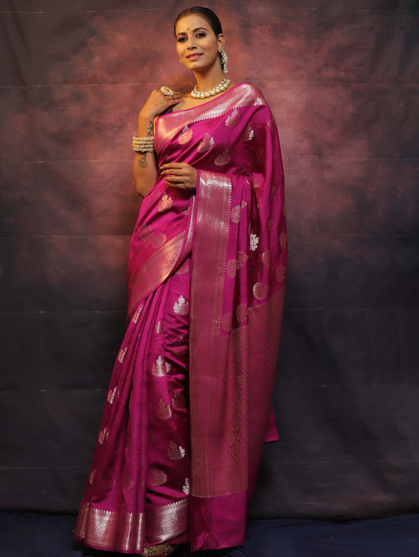 Banarasee Handloom Pure Chiniya Silk Saree With Zari Work-Magenta