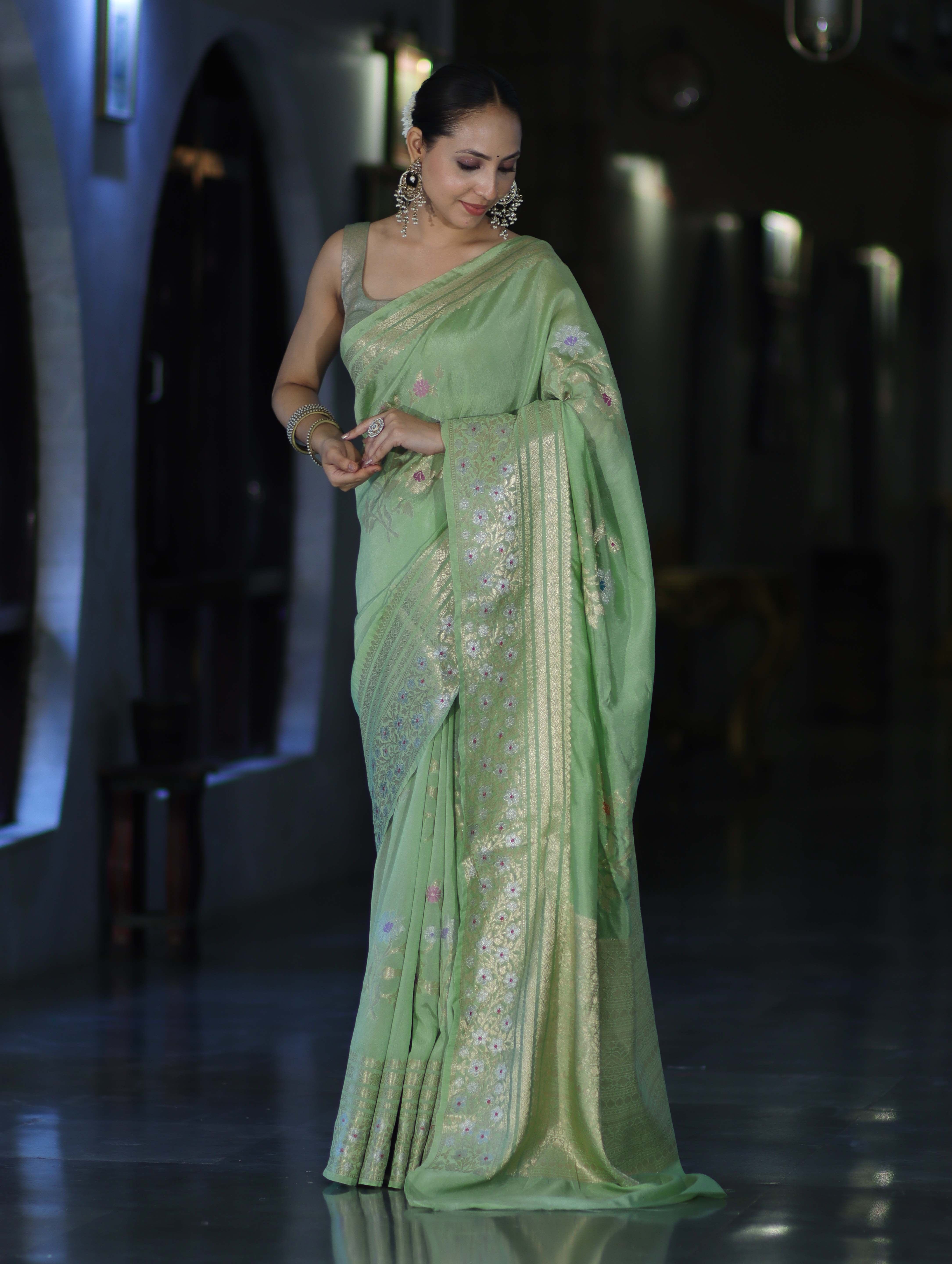 Banarasee Handloom Semi Silk Saree With Zari Meena Work-Light Green