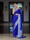 Banarasee Handloom Tissue Saree With Hand Embroidered Mirror Work Pearl Motifs & Zari Woven Pallu-Royal Blue