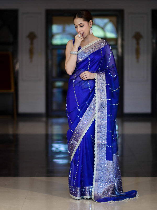 Banarasee Handloom Tissue Saree With Hand Embroidered Mirror Work Pearl Motifs & Zari Woven Pallu-Royal Blue