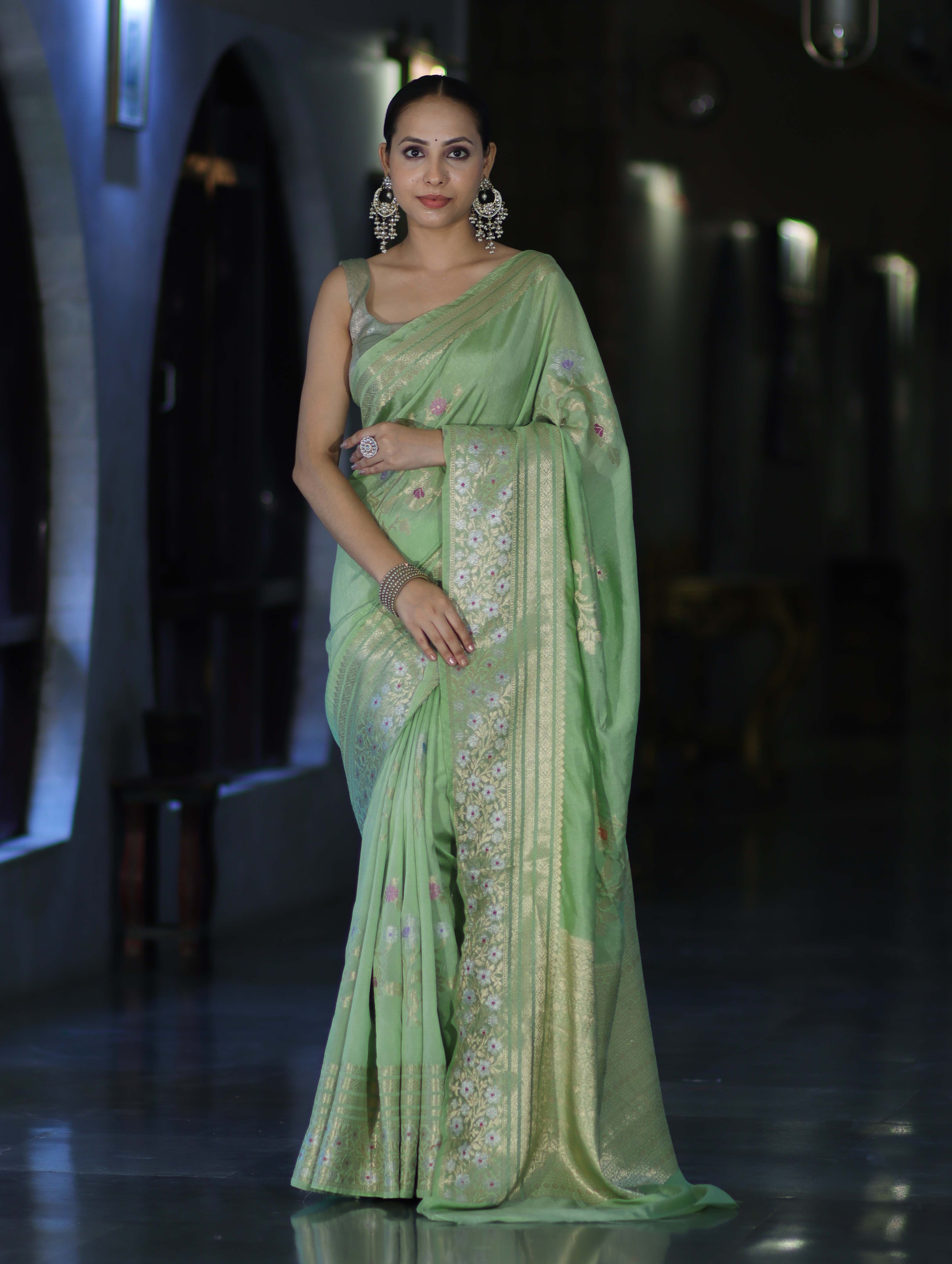 Banarasee Handloom Semi Silk Saree With Zari Meena Work-Light Green