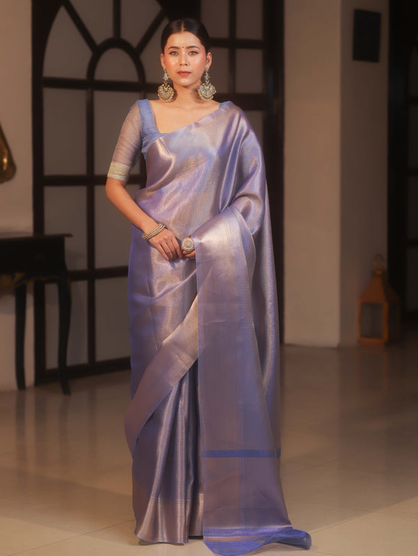 Banarasee Handwoven Tissue Zari Saree-Pastel Blue