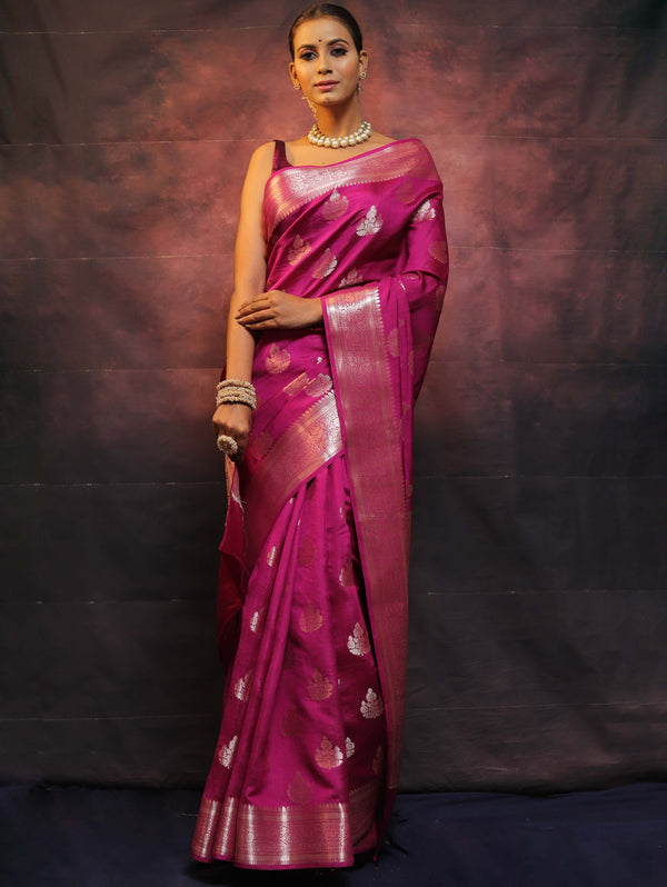 Banarasee Handloom Pure Chiniya Silk Saree With Zari Work-Magenta