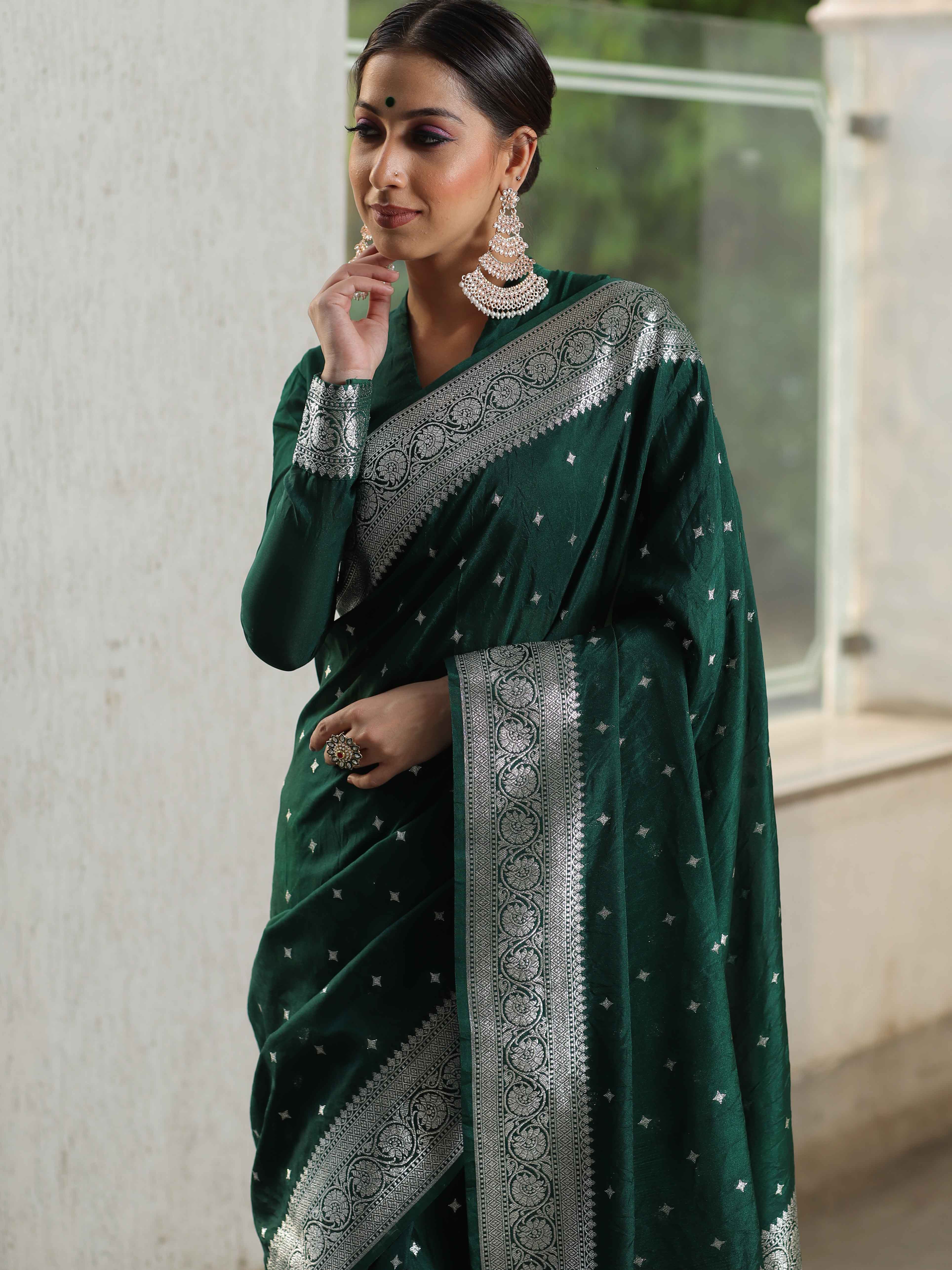 Banarasee Handwoven Faux Georgette Saree With Silver Zari Star Buti Design-Green