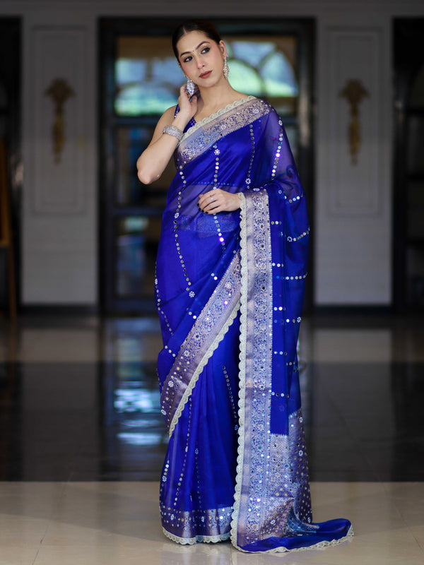 Banarasee Handloom Tissue Saree With Hand Embroidered Mirror Work Pearl Motifs & Zari Woven Pallu-Royal Blue