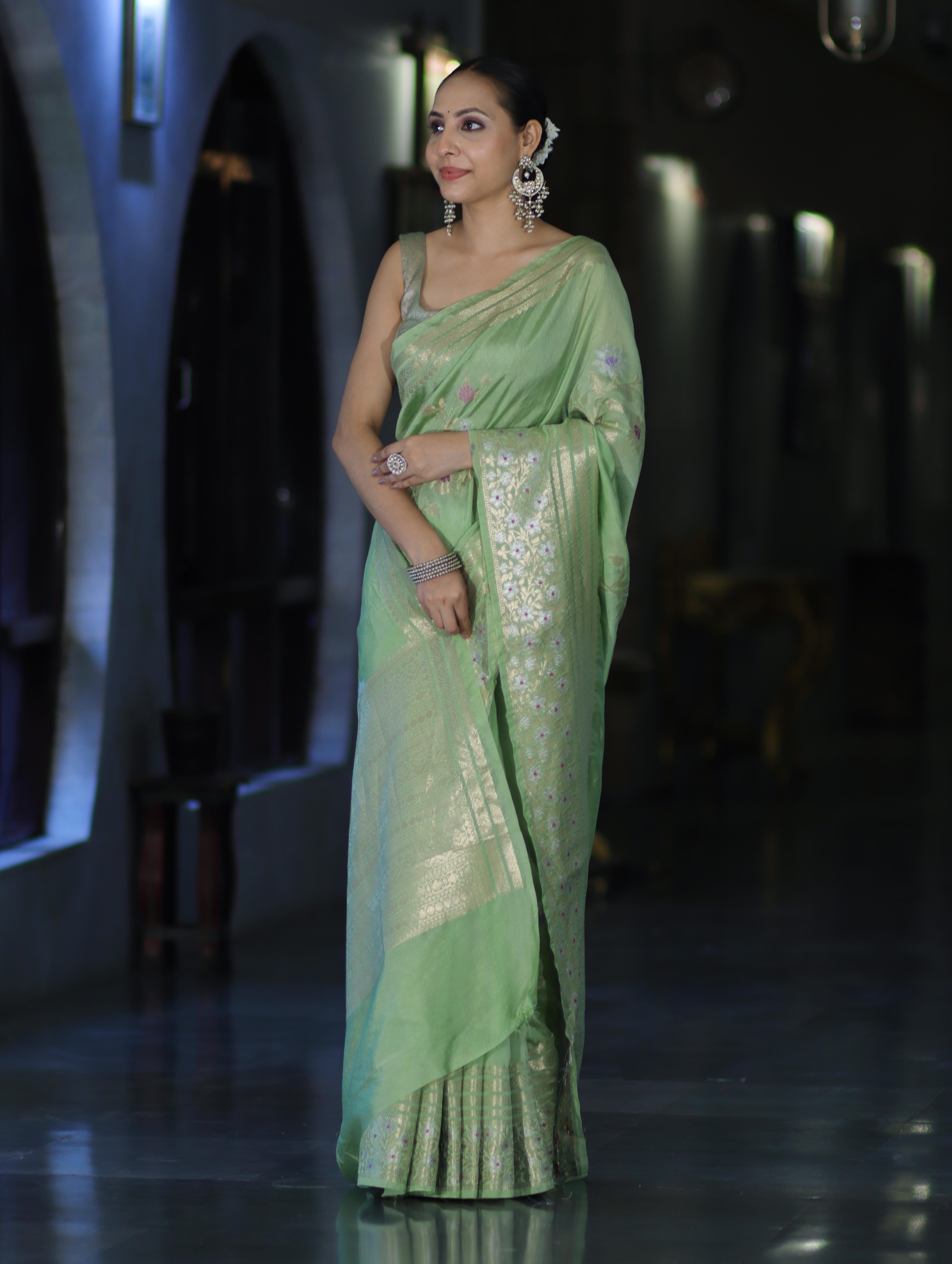 Banarasee Handloom Semi Silk Saree With Zari Meena Work-Light Green