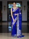 Banarasee Handloom Tissue Saree With Hand Embroidered Mirror Work Pearl Motifs & Zari Woven Pallu-Royal Blue