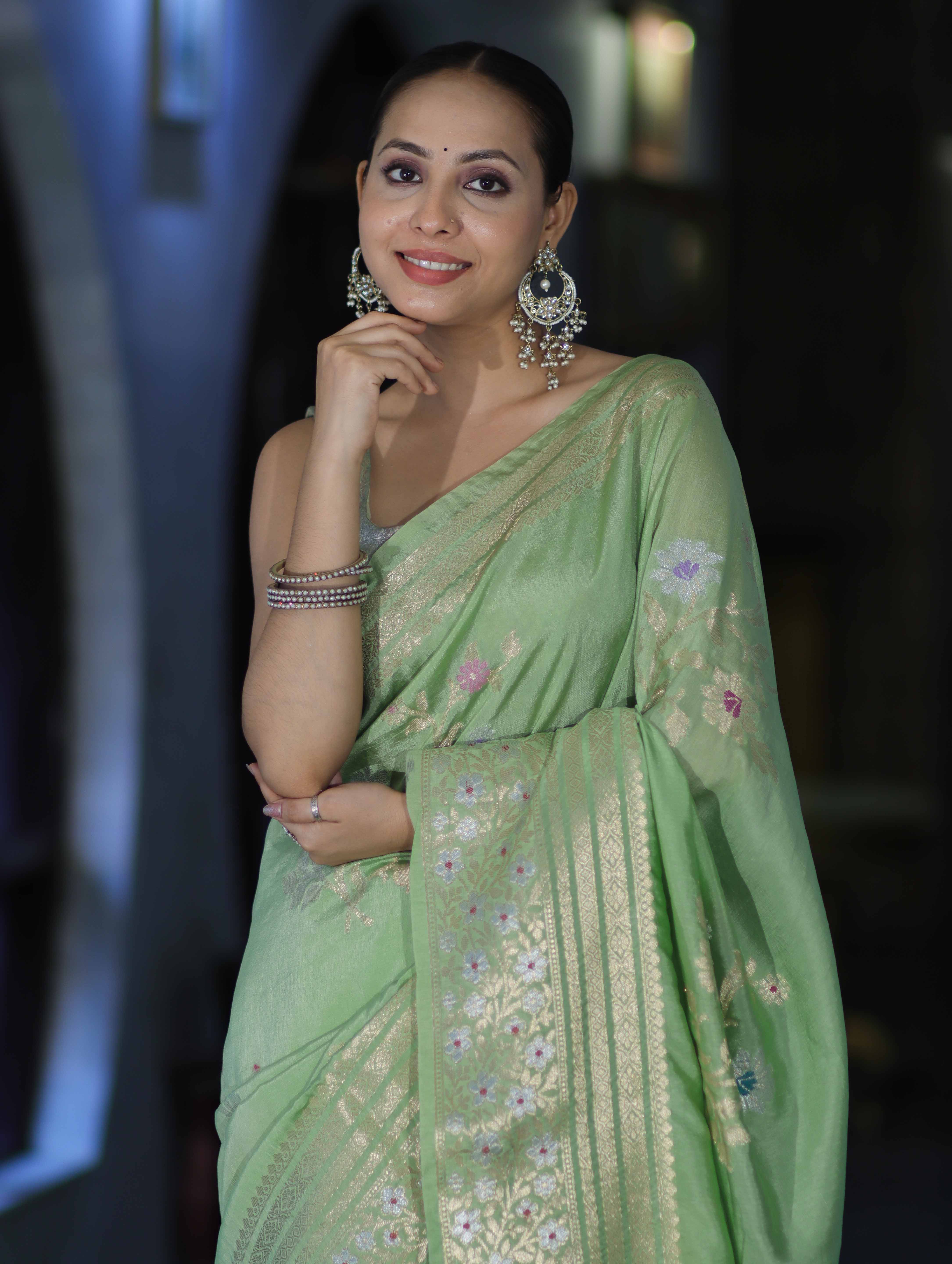 Banarasee Handloom Semi Silk Saree With Zari Meena Work-Light Green