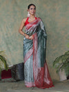 Banarasee Handwoven Crushed Tissue Saree With Mirror Work & Contrast Border-Sea Green