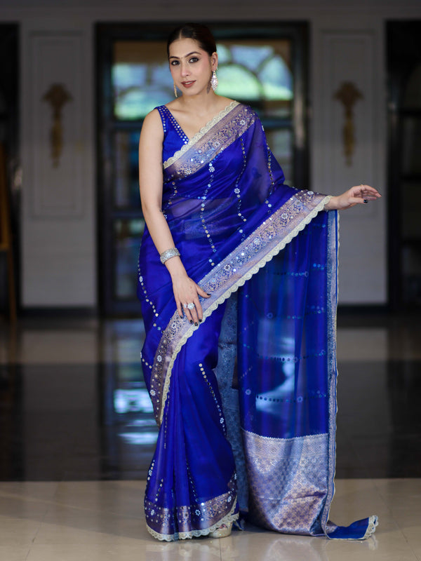 Banarasee Handloom Tissue Saree With Hand Embroidered Mirror Work Pearl Motifs & Zari Woven Pallu-Royal Blue