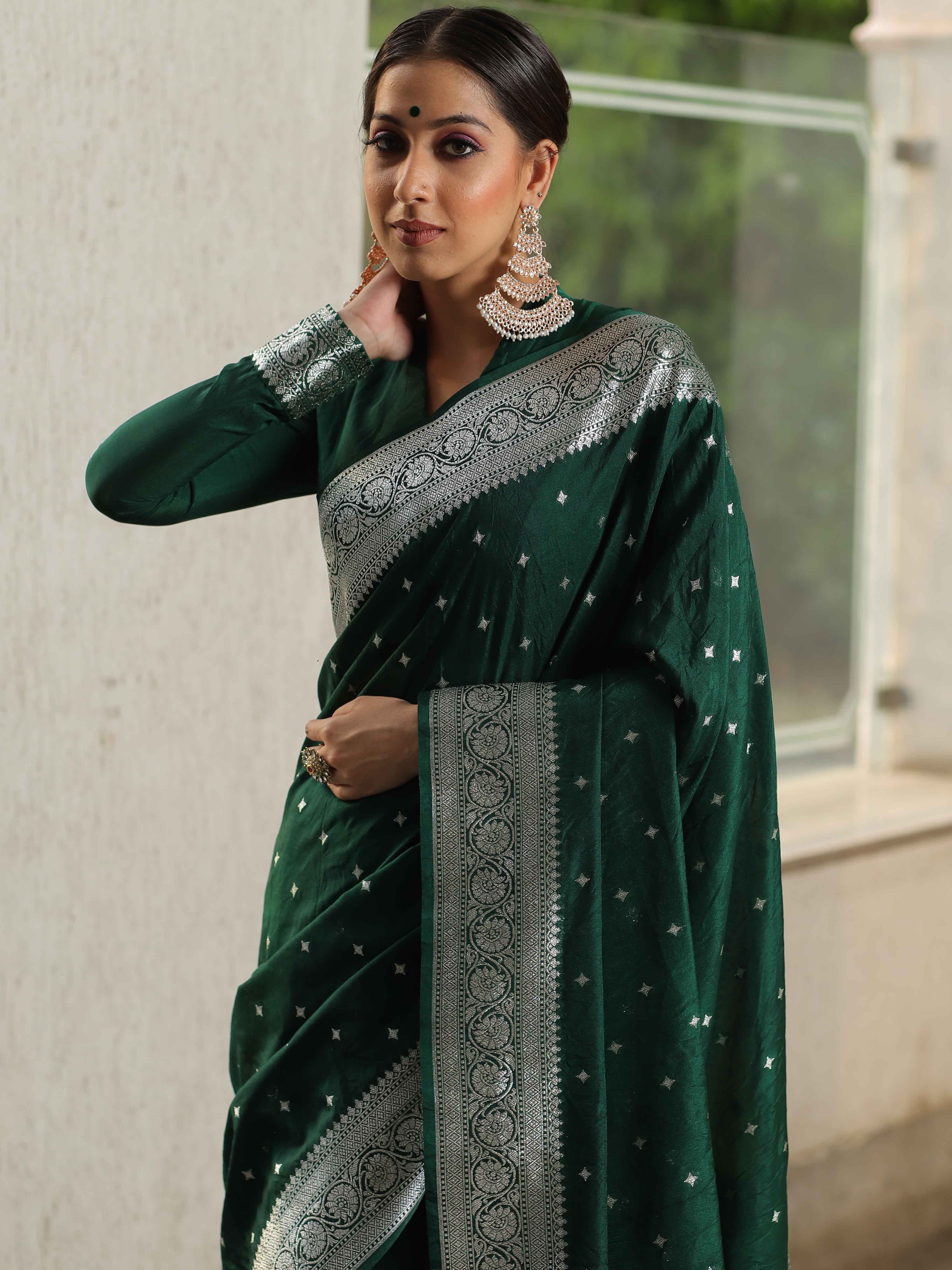 Banarasee Handwoven Faux Georgette Saree With Silver Zari Star Buti Design-Green