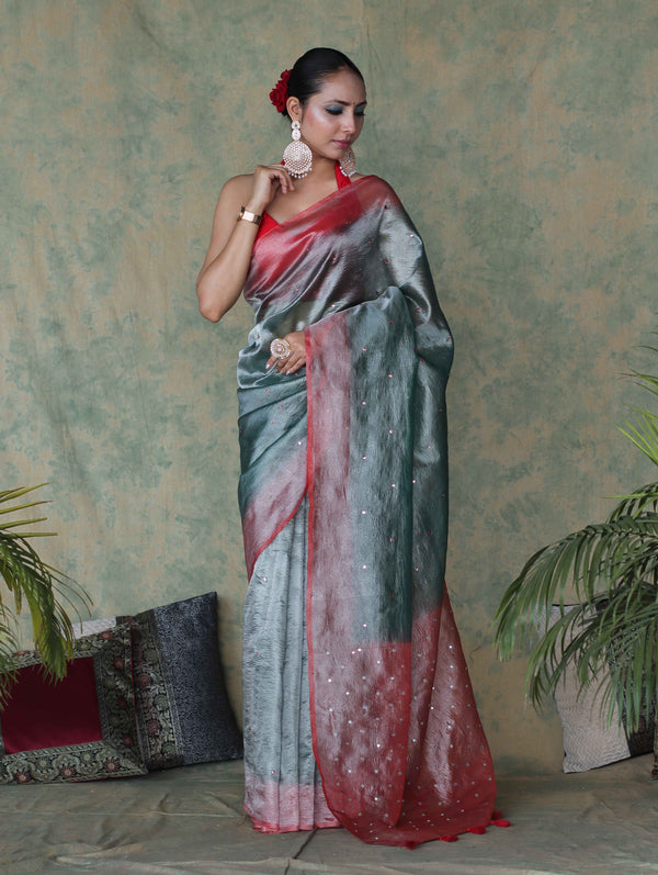 Banarasee Handwoven Crushed Tissue Saree With Mirror Work & Contrast Border-Sea Green