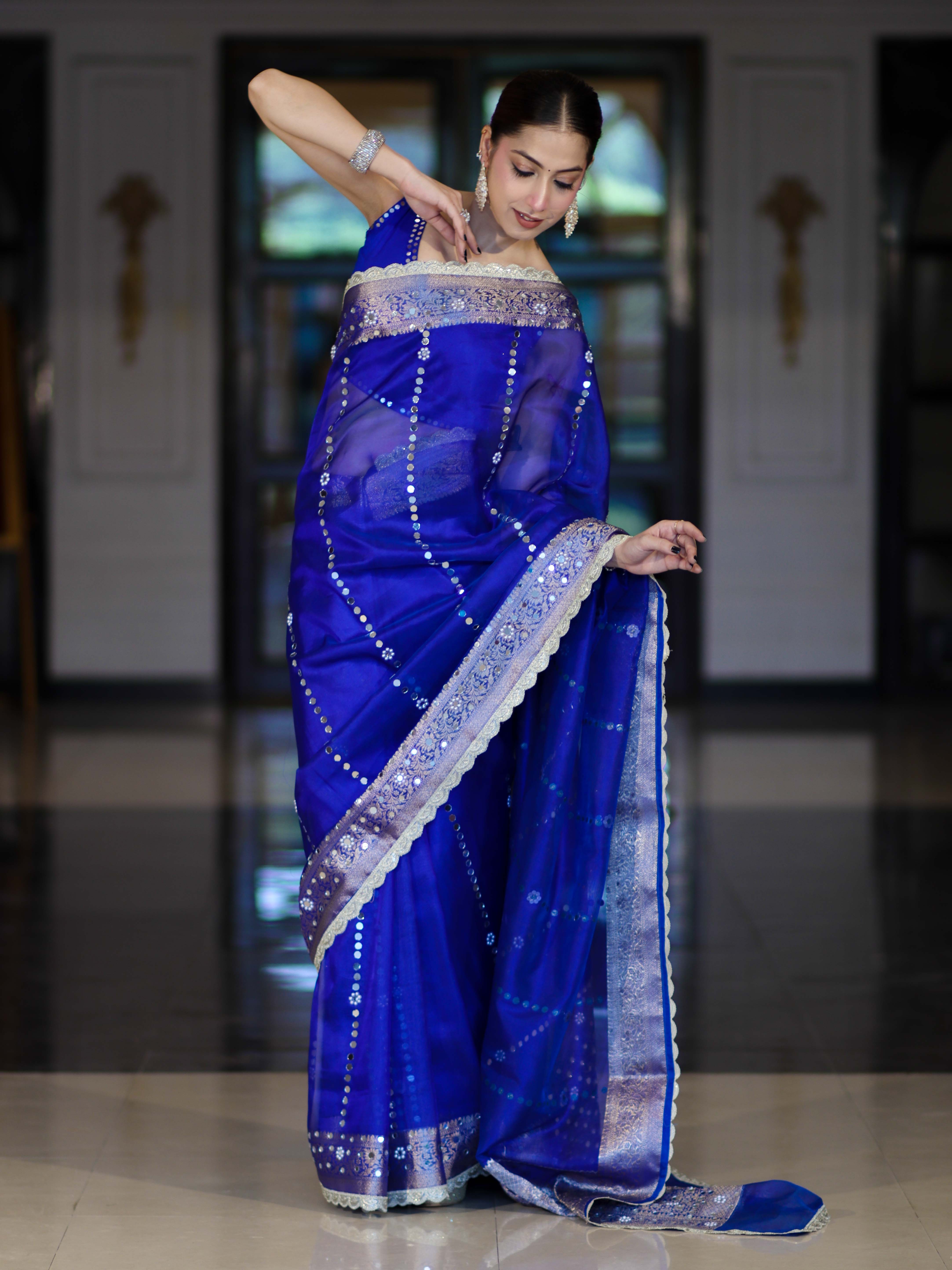 Banarasee Handloom Tissue Saree With Hand Embroidered Mirror Work Pearl Motifs & Zari Woven Pallu-Royal Blue