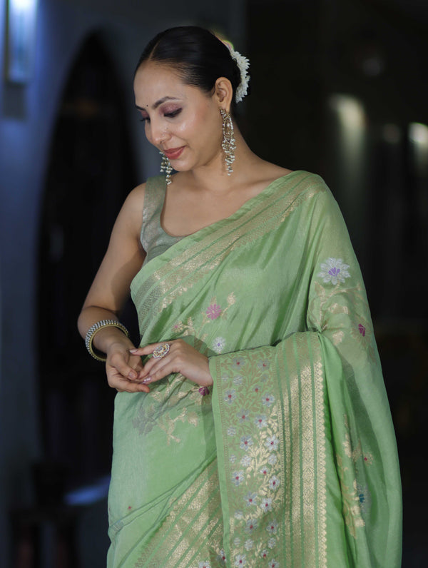 Banarasee Handloom Semi Silk Saree With Zari Meena Work-Light Green