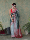 Banarasee Handwoven Crushed Tissue Saree With Mirror Work & Contrast Border-Sea Green