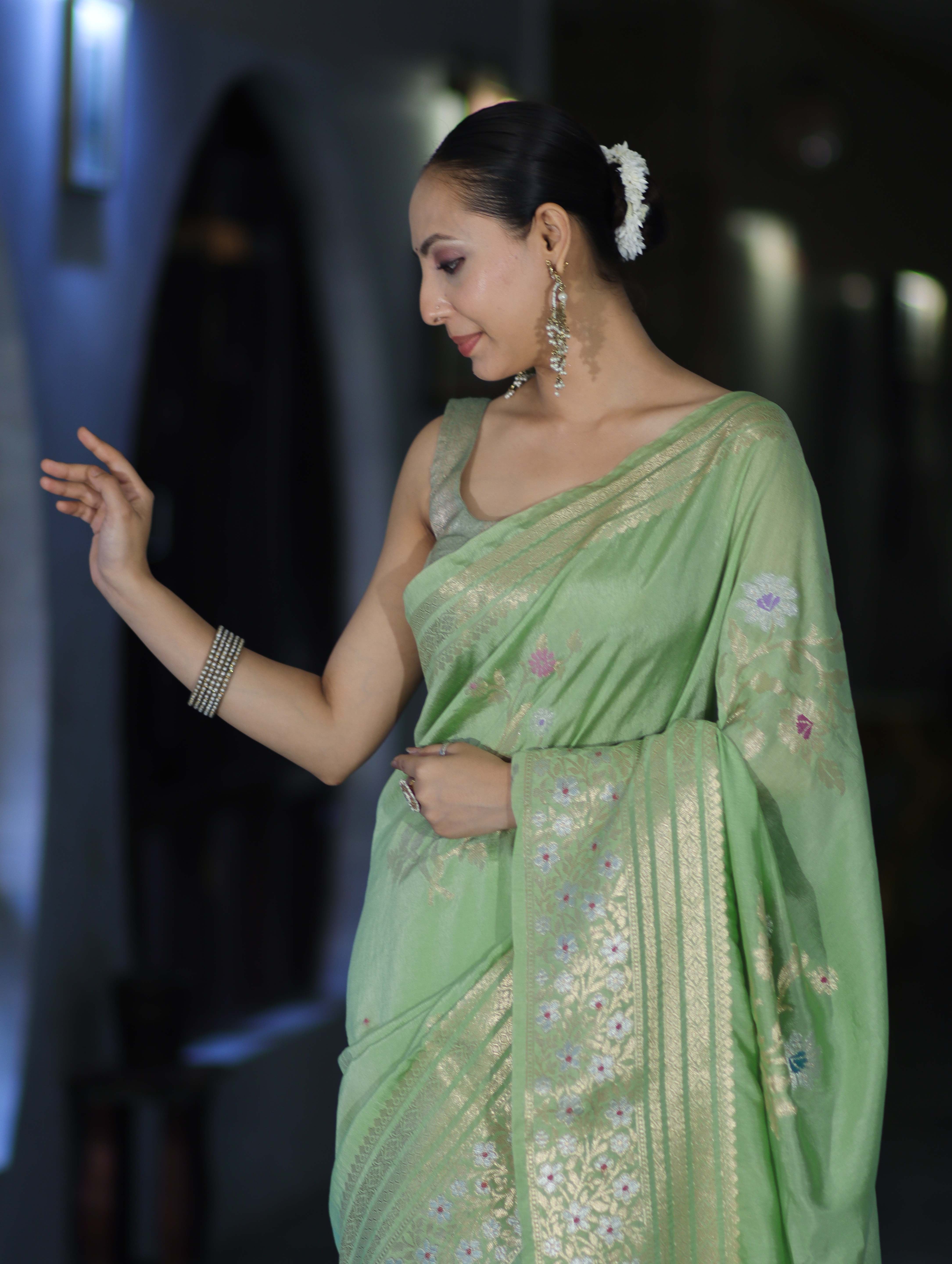 Banarasee Handloom Semi Silk Saree With Zari Meena Work-Light Green