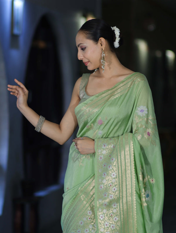 Banarasee Handloom Semi Silk Saree With Zari Meena Work-Light Green