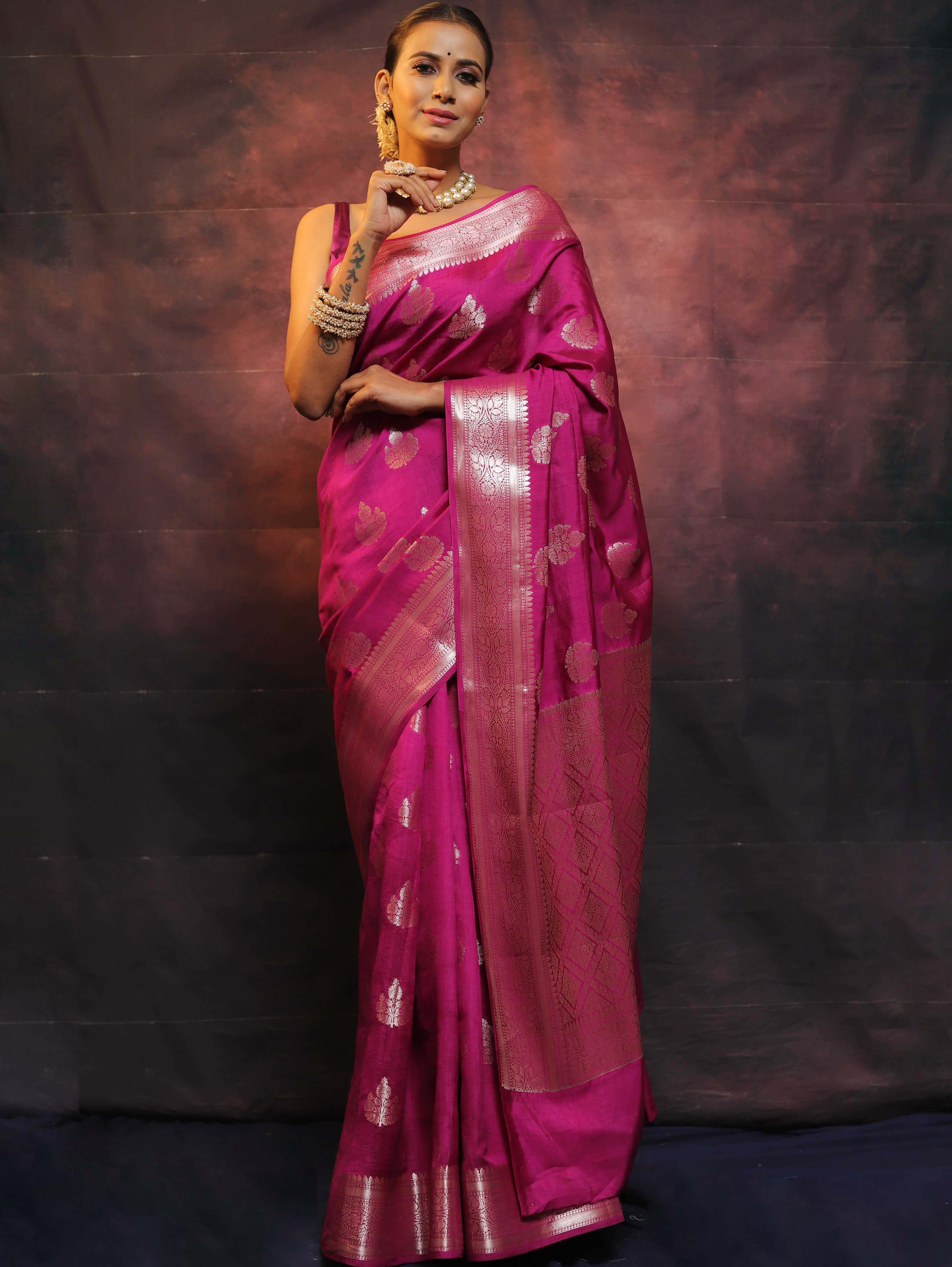 Banarasee Handloom Pure Chiniya Silk Saree With Zari Work-Magenta