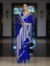 Banarasee Handloom Tissue Saree With Hand Embroidered Mirror Work Pearl Motifs & Zari Woven Pallu-Royal Blue