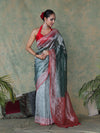 Banarasee Handwoven Crushed Tissue Saree With Mirror Work & Contrast Border-Sea Green
