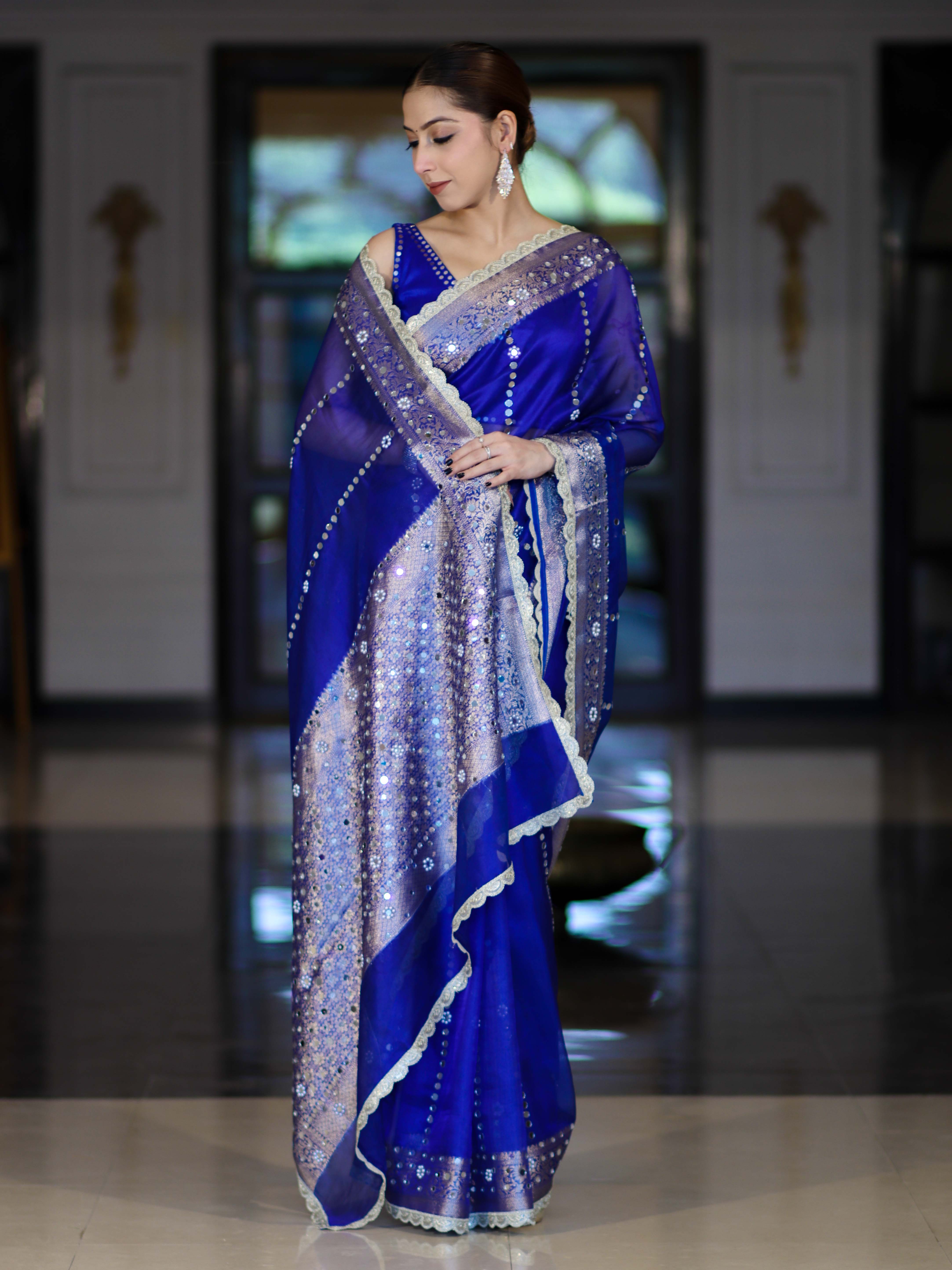 Banarasee Handloom Tissue Saree With Hand Embroidered Mirror Work Pearl Motifs & Zari Woven Pallu-Royal Blue