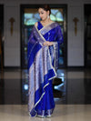 Banarasee Handloom Tissue Saree With Hand Embroidered Mirror Work Pearl Motifs & Zari Woven Pallu-Royal Blue