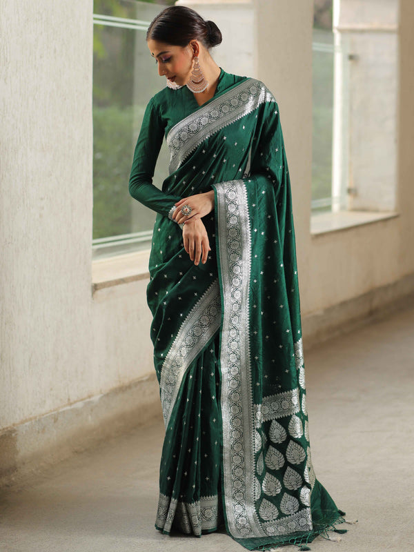 Banarasee Handwoven Faux Georgette Saree With Silver Zari Star Buti Design-Green
