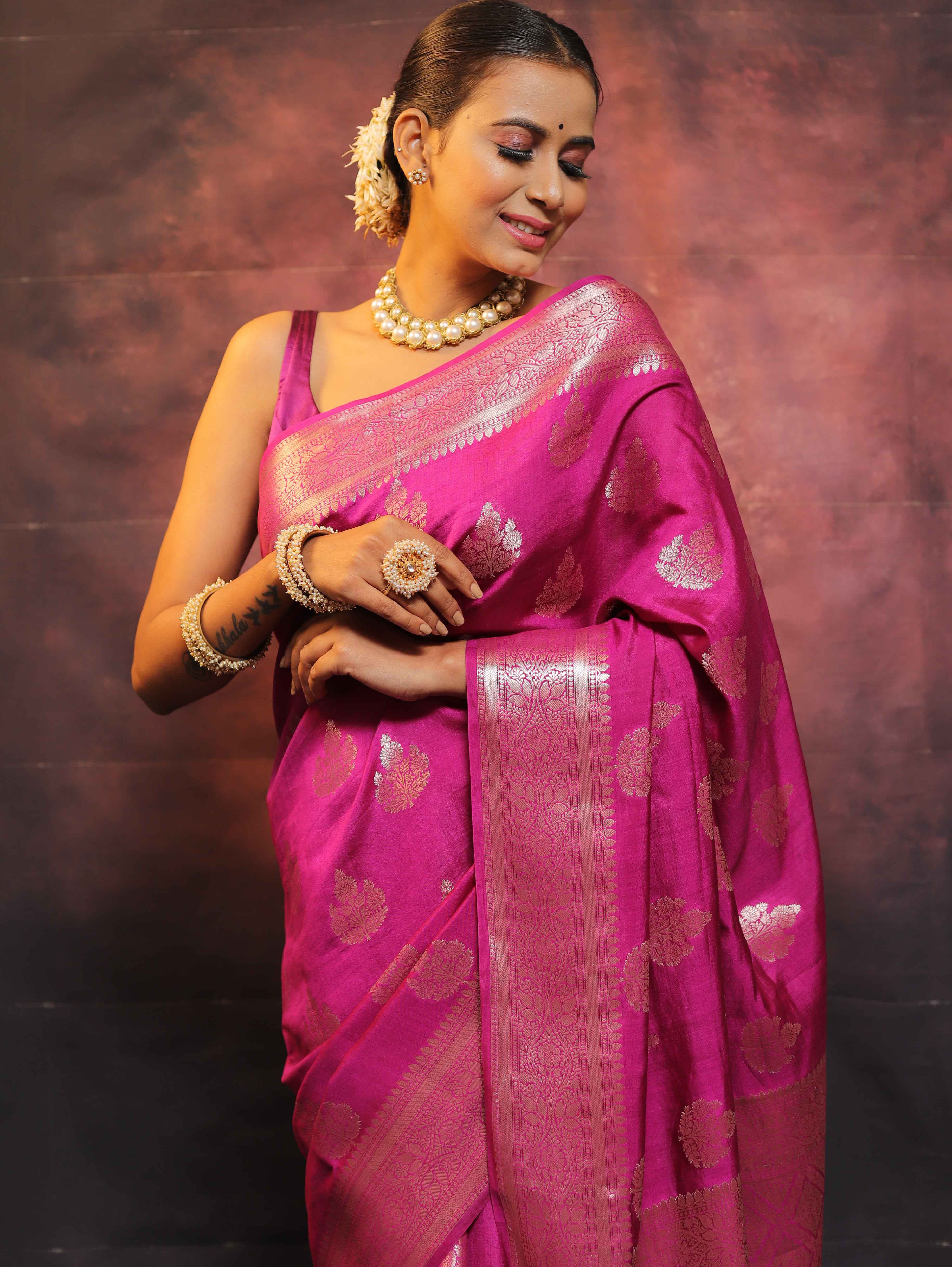 Banarasee Handloom Pure Chiniya Silk Saree With Zari Work-Magenta