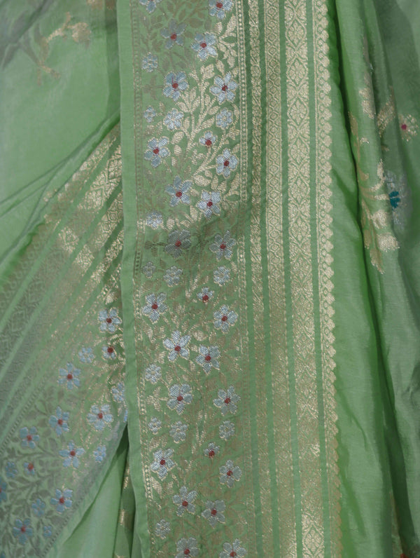 Banarasee Handloom Semi Silk Saree With Zari Meena Work-Light Green