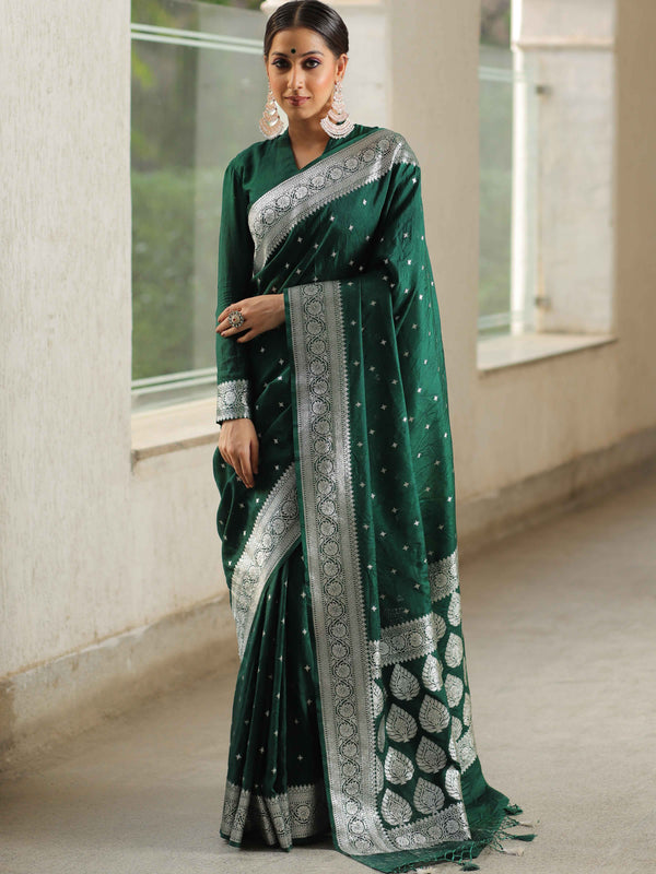 Banarasee Handwoven Faux Georgette Saree With Silver Zari Star Buti Design-Green
